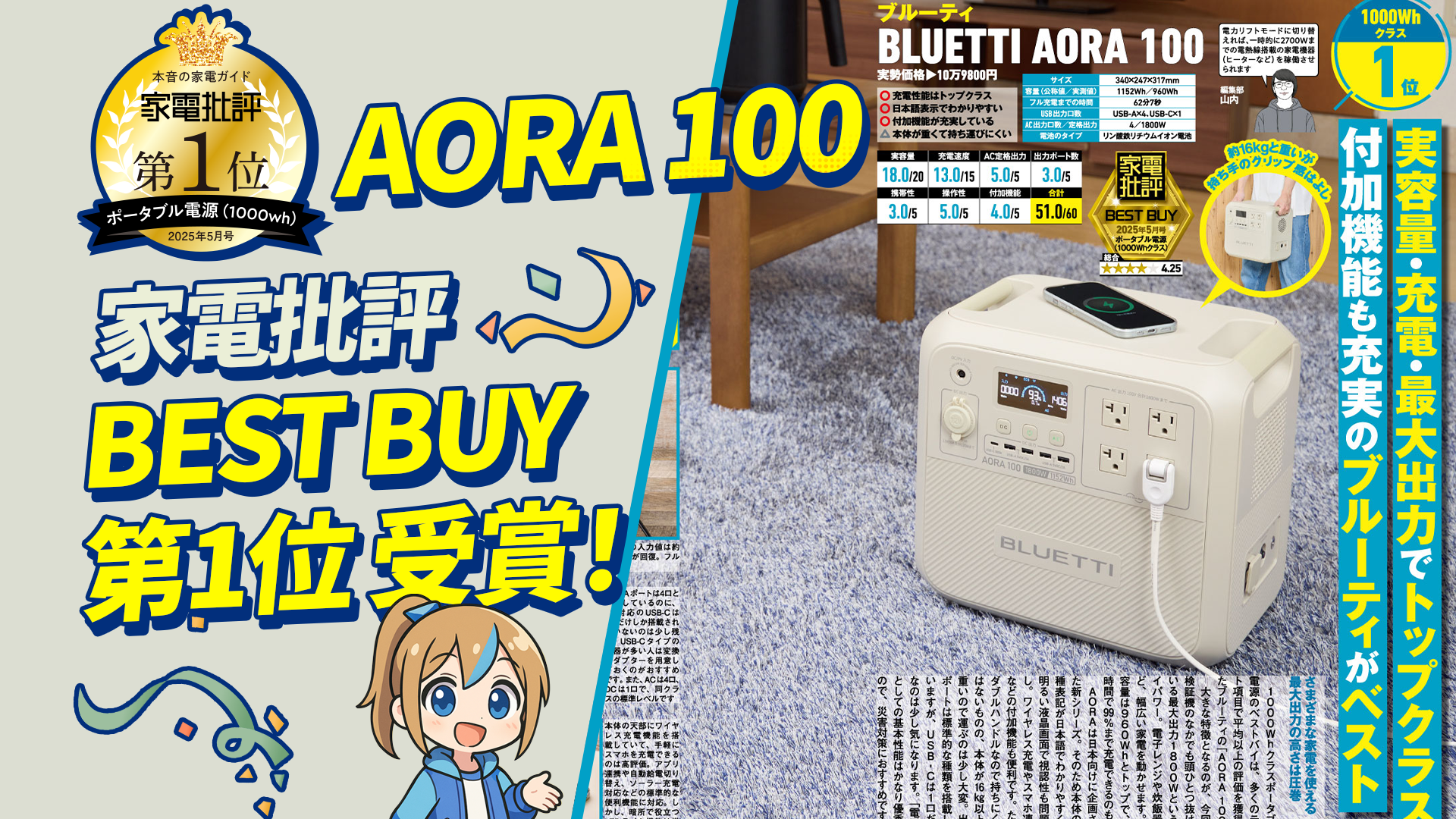 BLUETTI Japan limited model “AORA 100” wins Best Buy No. 1 in the May issue of “Home Appliance Review”! – Mapion